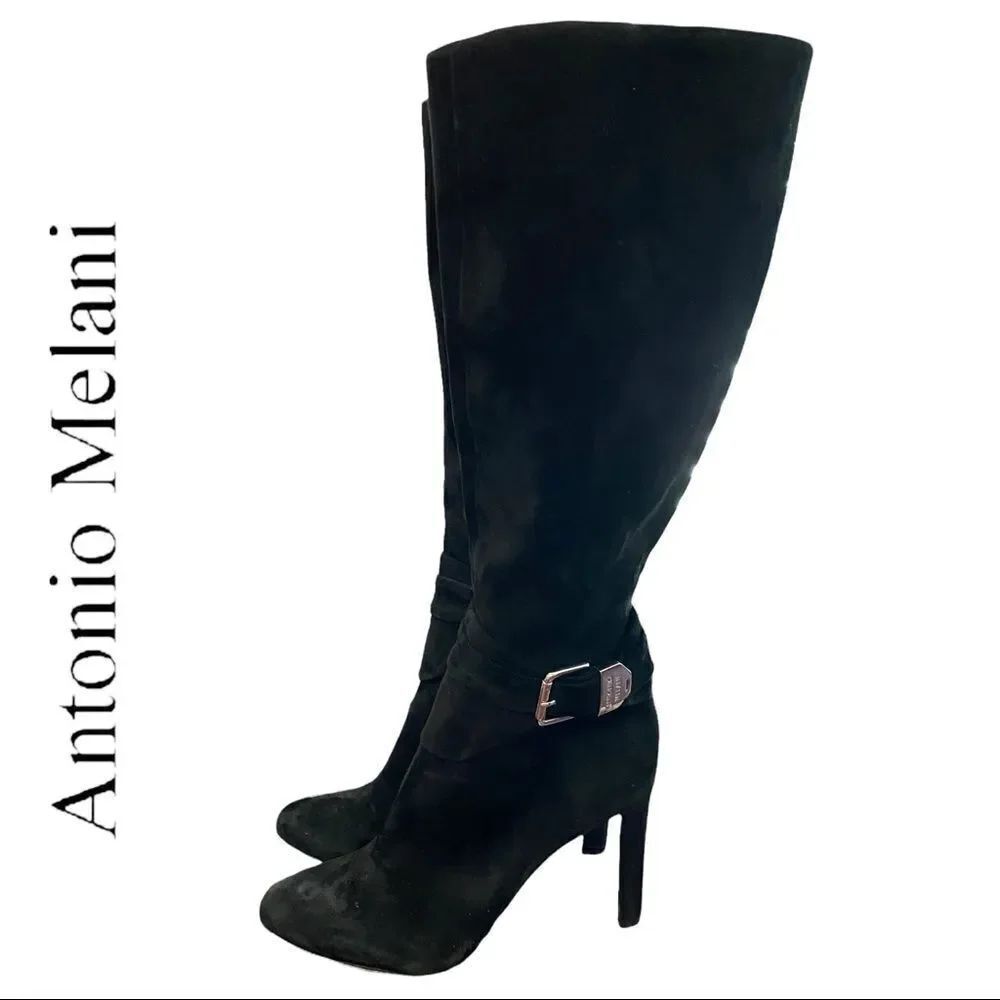 Antonio Melani Black Suede Leather Heeled Buckle Zipper Boots 9